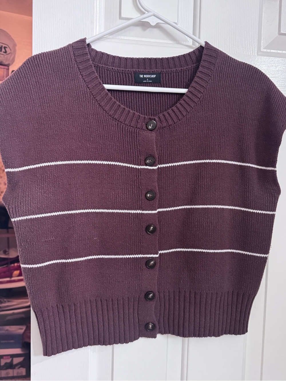 The Workshop brown and white Striped Button-Front Women's Sweater Vest